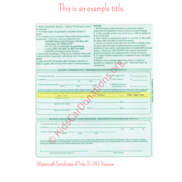 This is an Example of South Carolina Watercraft Certificate of Title (5-09) Reverse View | Kids Car Donations